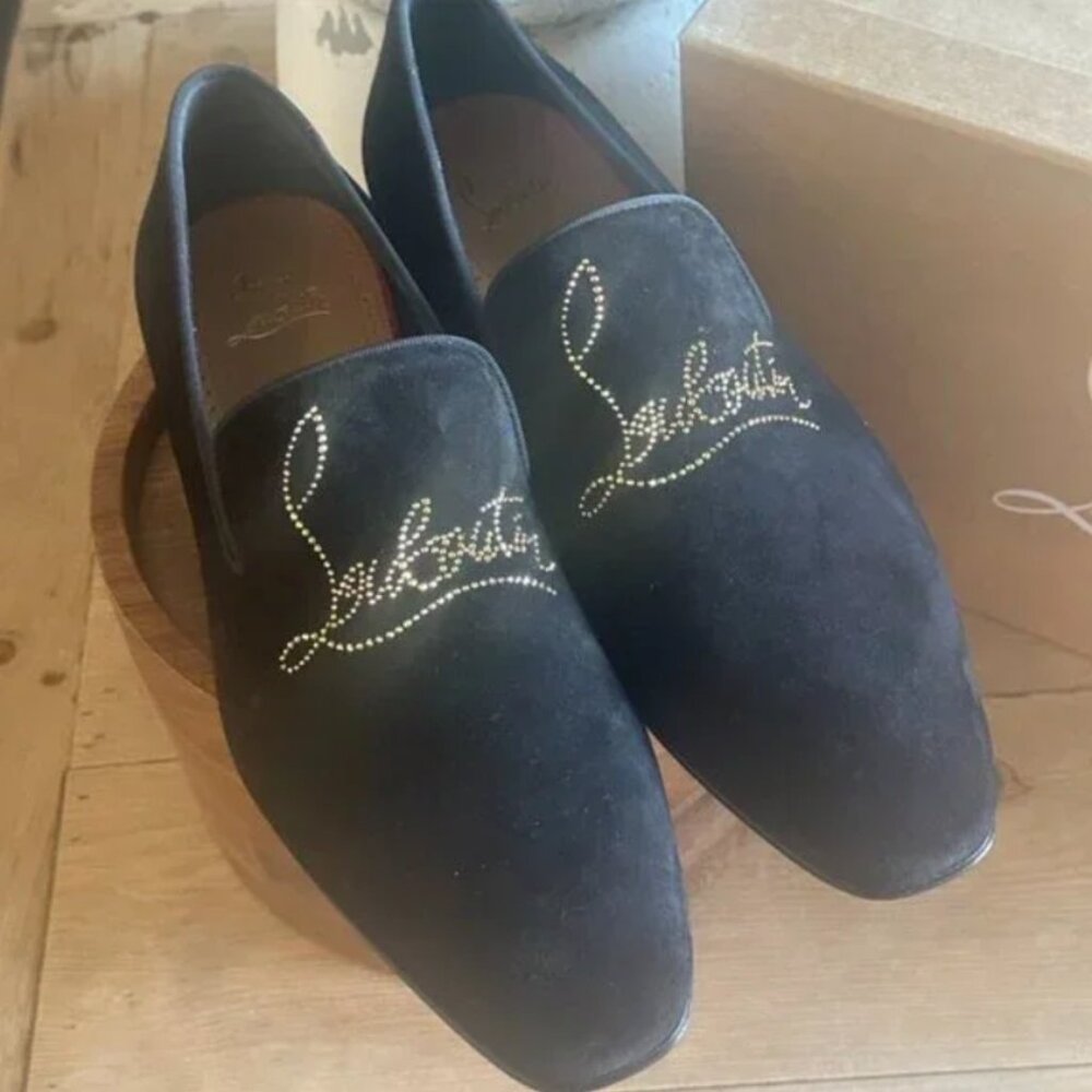 NEW MEN'S CHRISTIAN LOUBOUTIN DANDELION STRASS BLACK SUEDE LOAFERS
